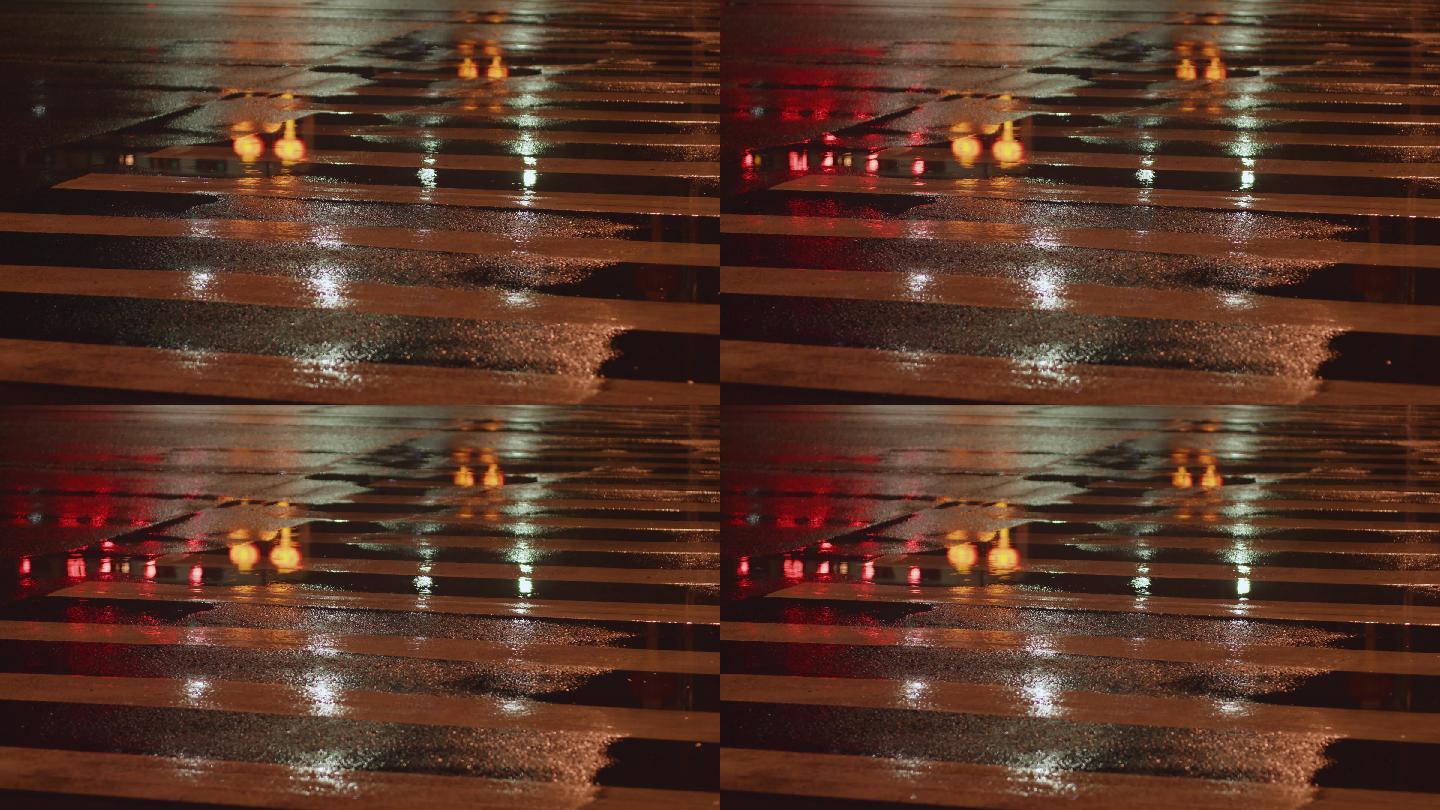4k夜晚下雨斑马线霓虹灯城市夜景