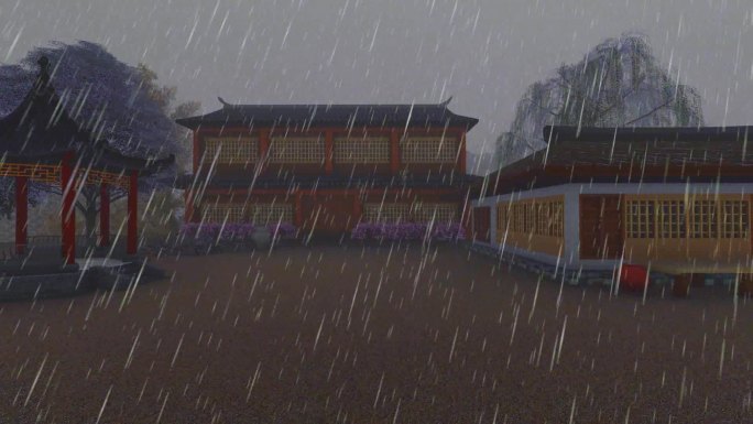 古代庭院建筑茅草屋-打雷下雨雨景
