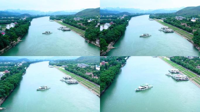 航拍桂林磨盘山码头游船桂林旅游