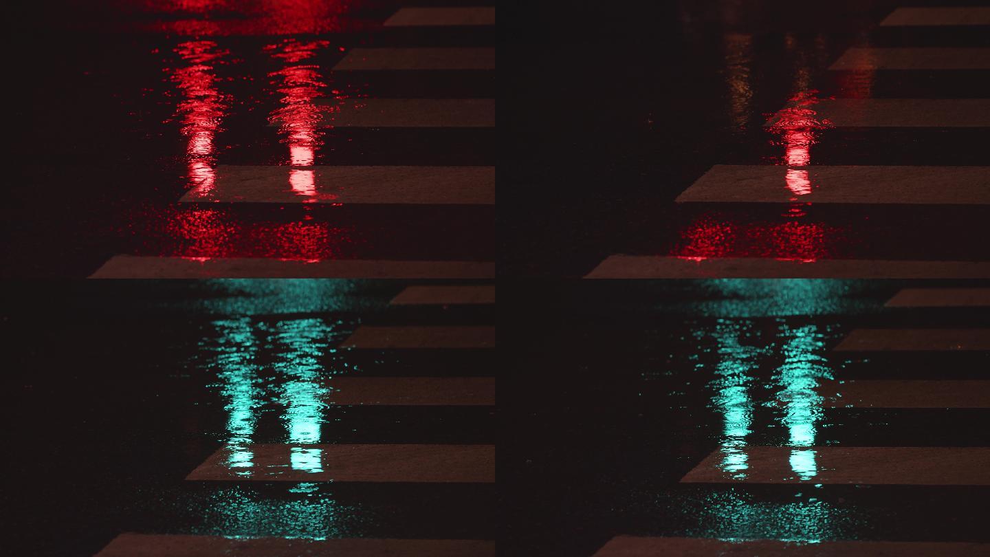 4k雨夜马路行人车辆斑马线雨水雨滴