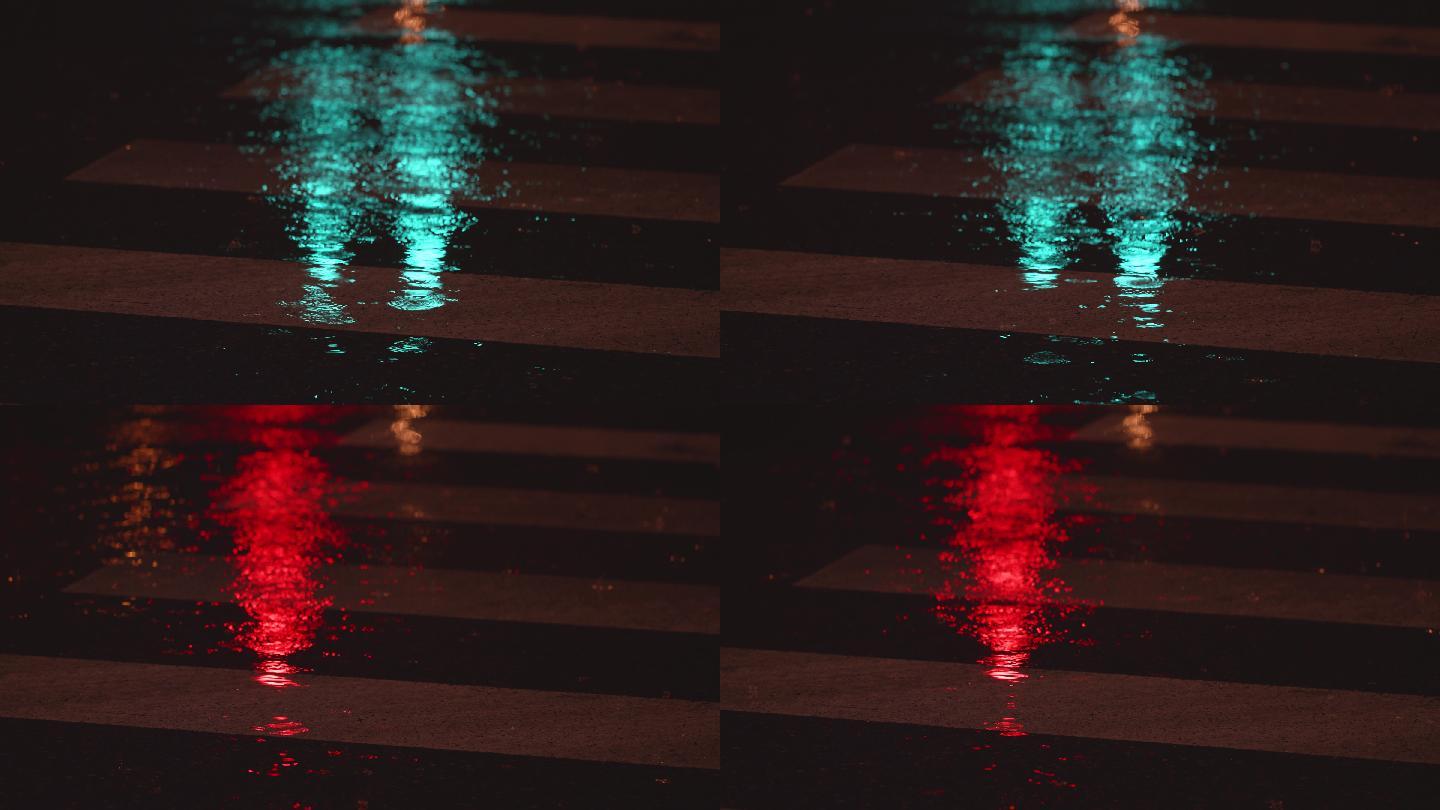 4K雨夜马路行人车辆斑马线雨水雨滴