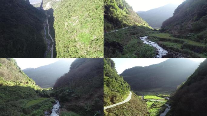 大山山沟山间小河早晨4k航拍