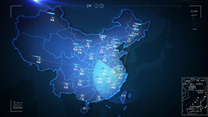 科技感中国地图浙江杭州辐射全国覆盖