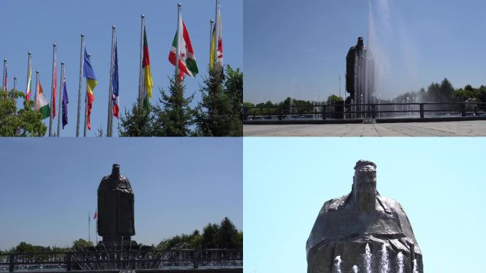 4K公园多国国旗孔子喷泉实拍