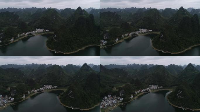 航拍广西风景区大龙湖喀斯特地貌景