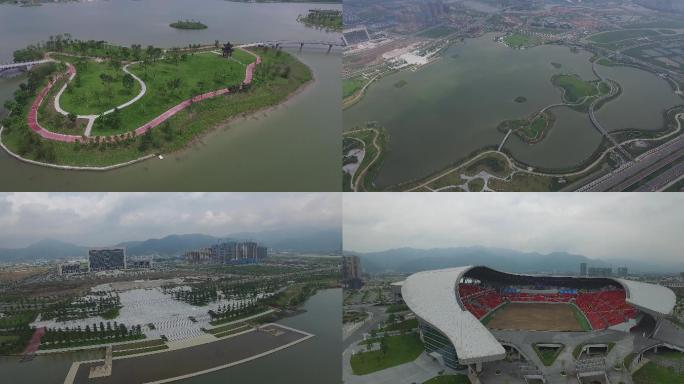 4K航拍肇庆砚阳湖新区体育馆