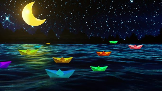 月亮夜色星星小船河流大海