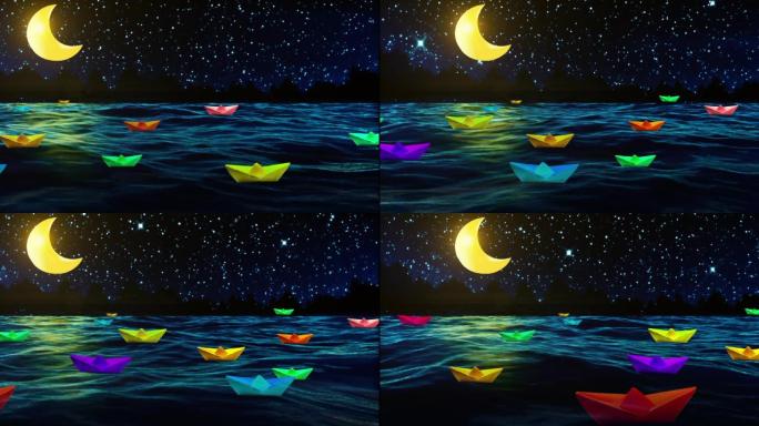 月亮夜色星星小船河流大海