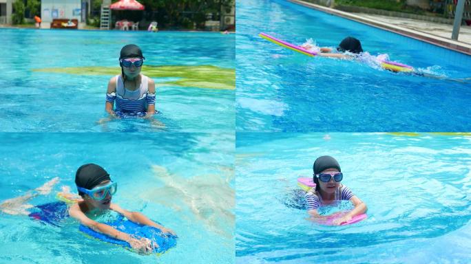 夏天暑假小孩学游泳，游泳馆玩水4k视频