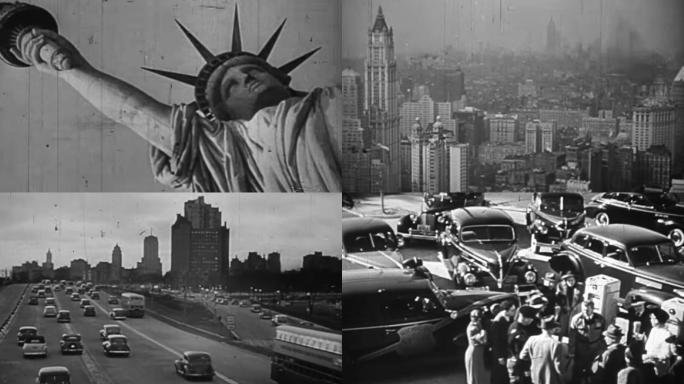 30年代纽约自由女神像现代化城市街道拥挤