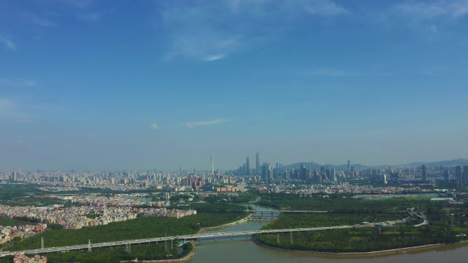 4K广州大学城眺望广州城区航拍
