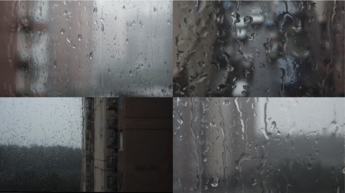 4K阴天窗外玻璃窗户雨滴、雨滴滑过玻璃