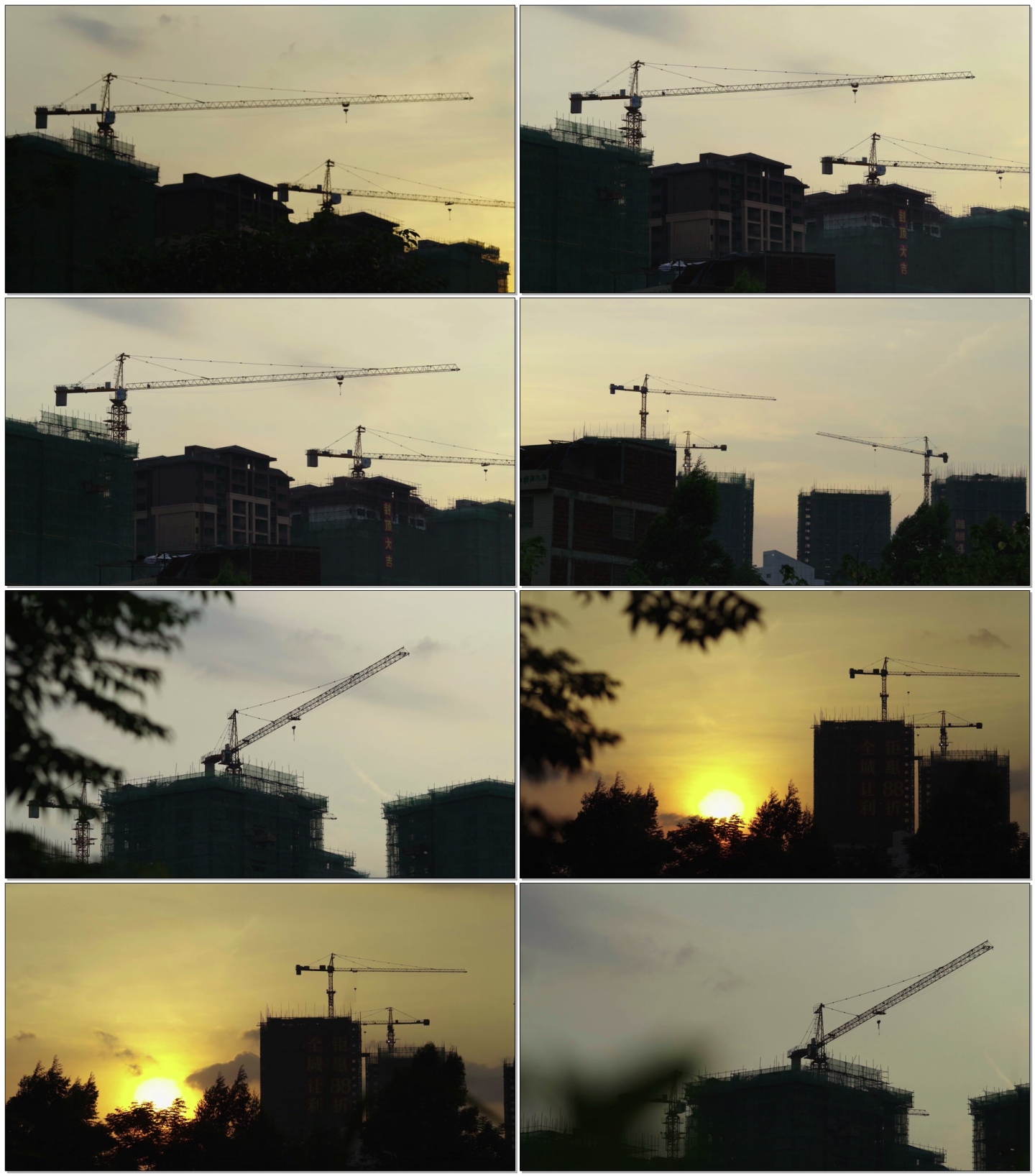 夕阳下城市快速发展建设建筑空镜
