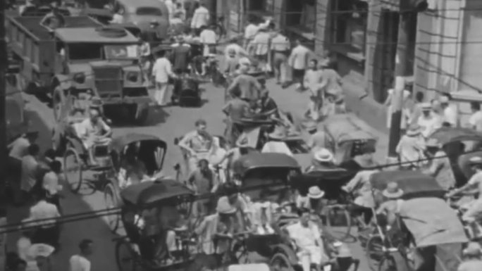 30年代上海街道商业区拥挤黄包车人力车