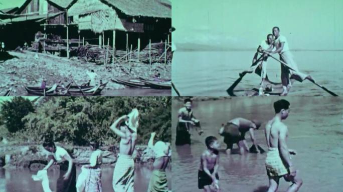 50年代缅甸湄公河居民生活船工划船妇女