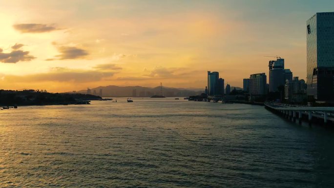 海边城市、厦门航拍、海边夕阳、鼓浪屿