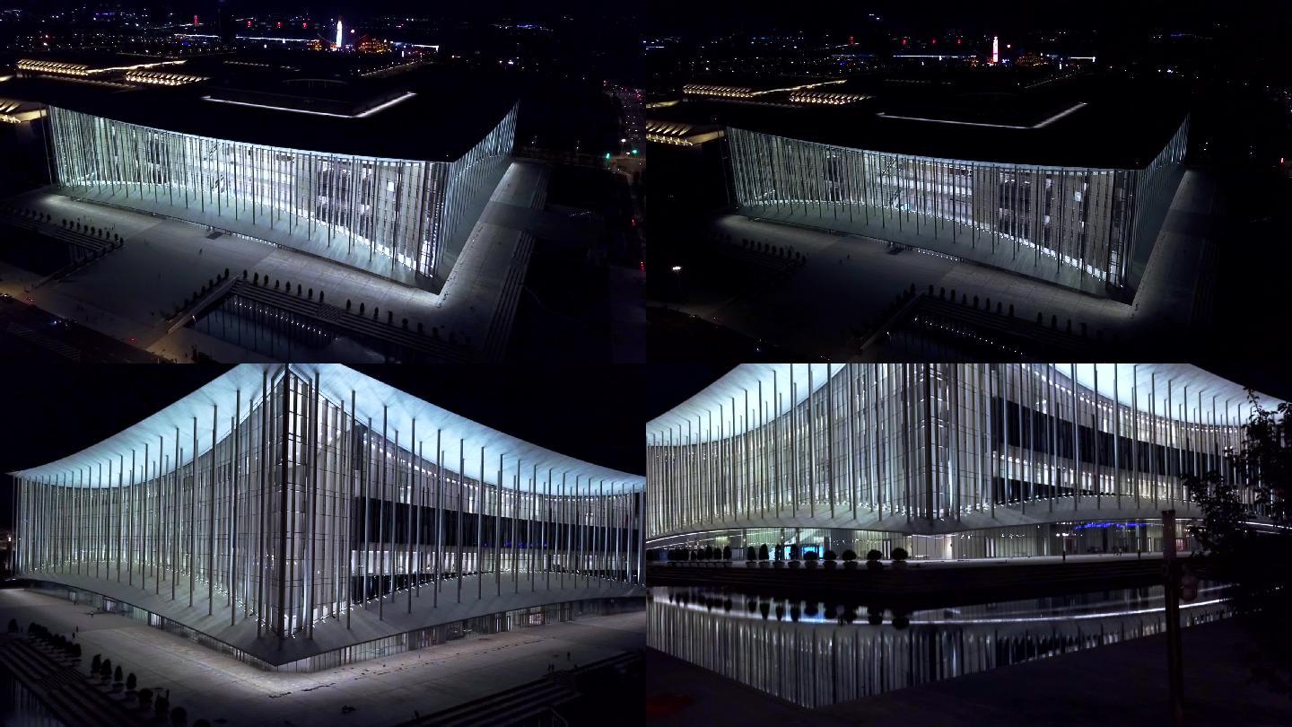 航拍西安国际会展中心建筑场馆夜景高清