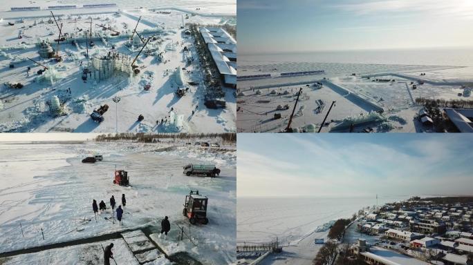 查干湖冰雕建设航拍