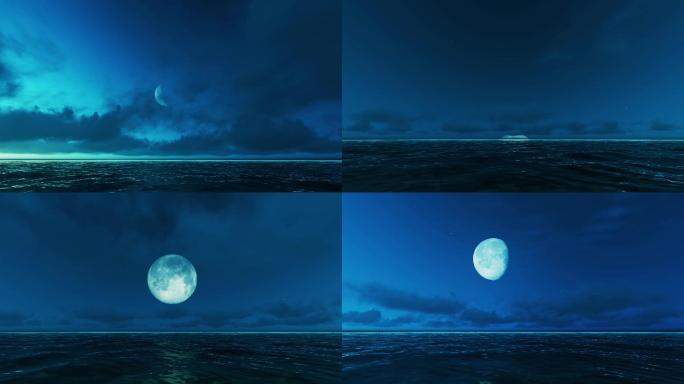 月亮延时升起夜晚海面