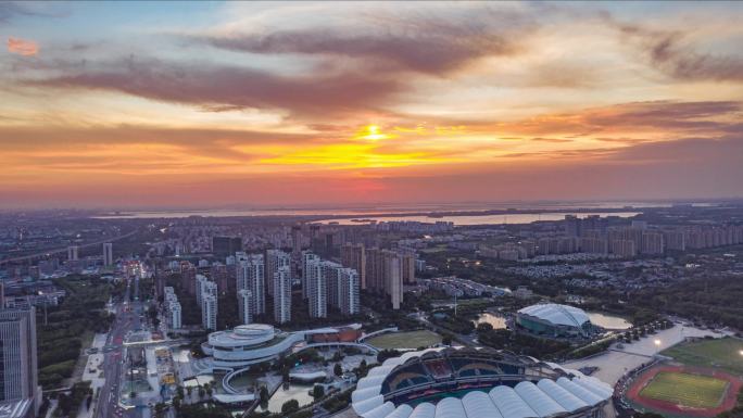 4k城市夕阳晚霞航拍延时摄影