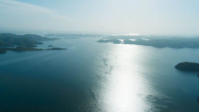 航拍2k丹江千岛湖白鹭云雾水面划船清晨