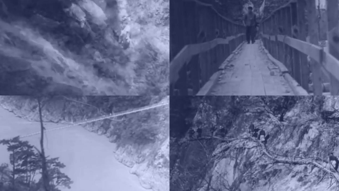 50年代地质勘探队员悬崖峭壁徒步攀爬前行