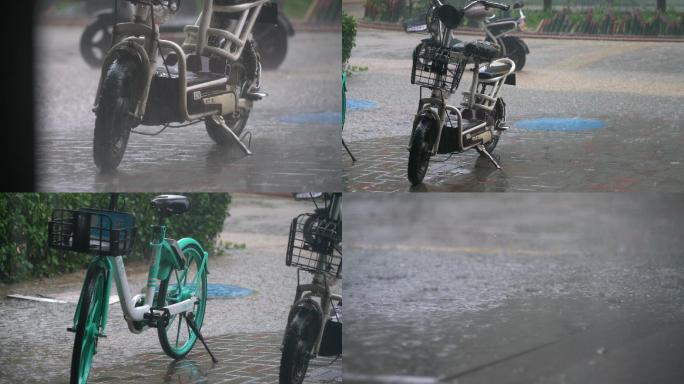 大雨中的摩托车和共享单车