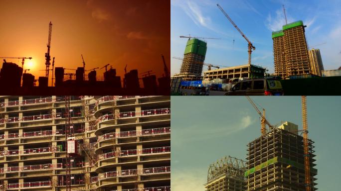 建筑施工日出工人高空作业工地塔吊
