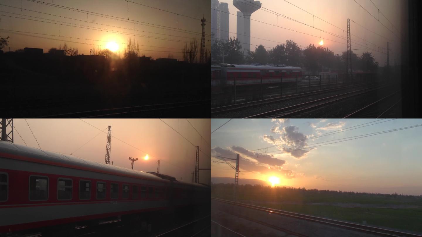 火车行驶车窗风景朝阳日出日落