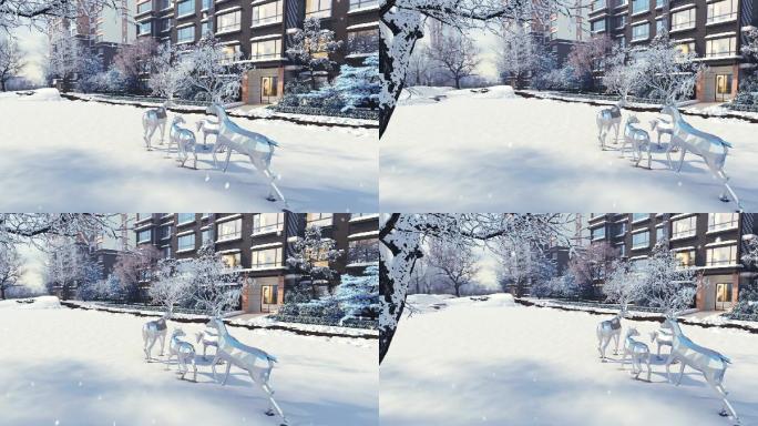 新中式景观雪景雪花飘落