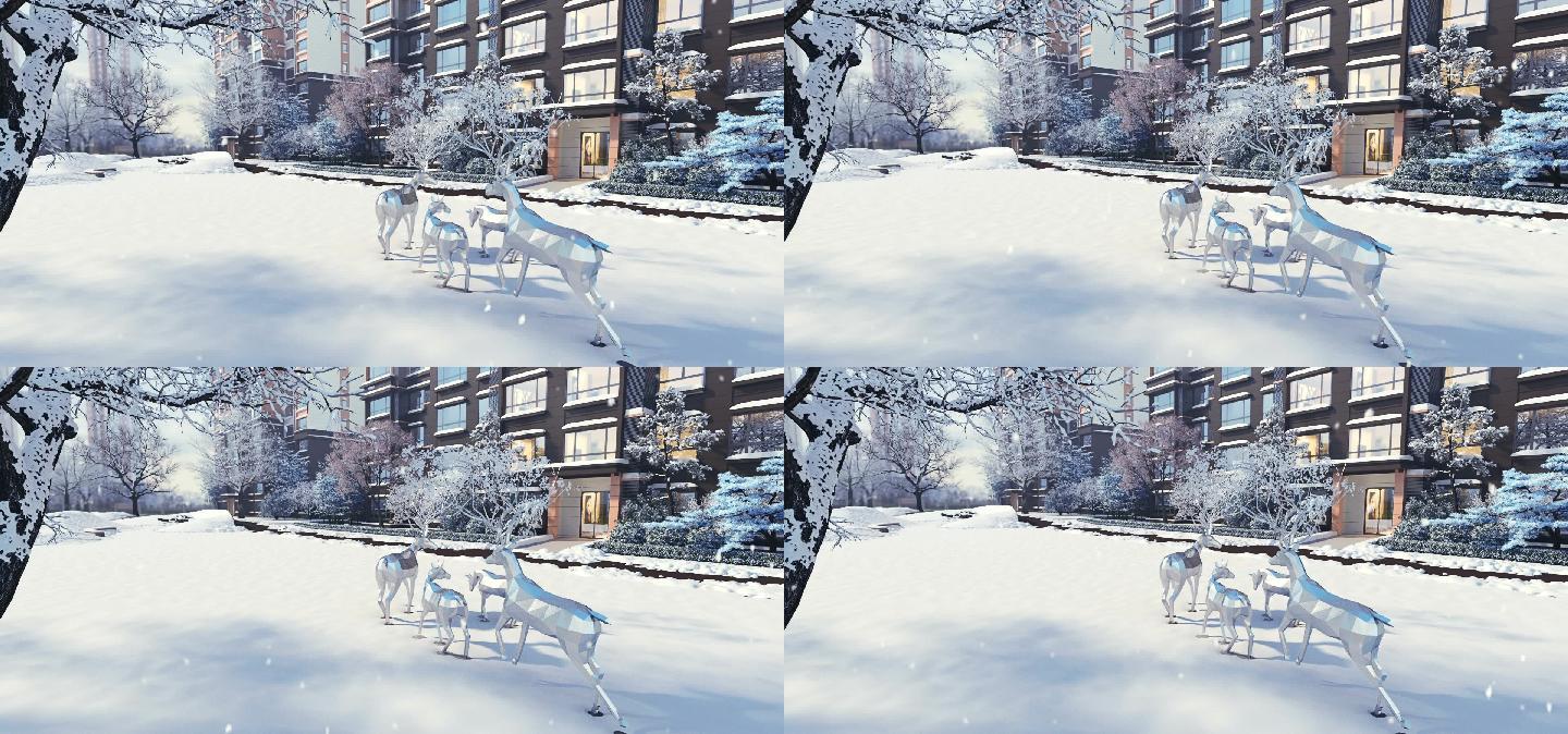 新中式景观雪景雪花飘落