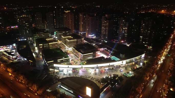 航拍天津市奥城商业广场夜景