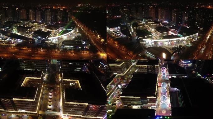 航拍天津市奥城商业广场夜景