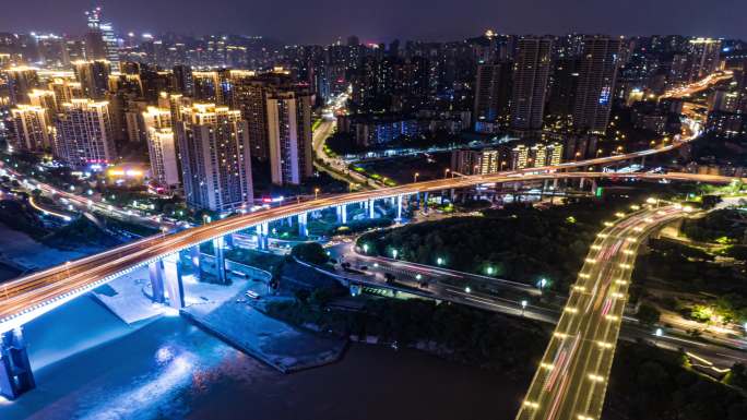 航拍延时重庆夜景交通大桥车流