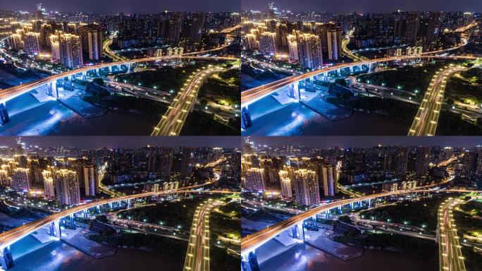 航拍延时重庆夜景交通大桥车流