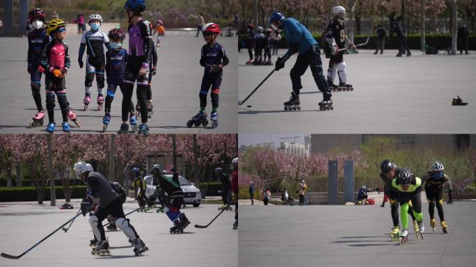 HD-春天广场上滑轮少年打冰球