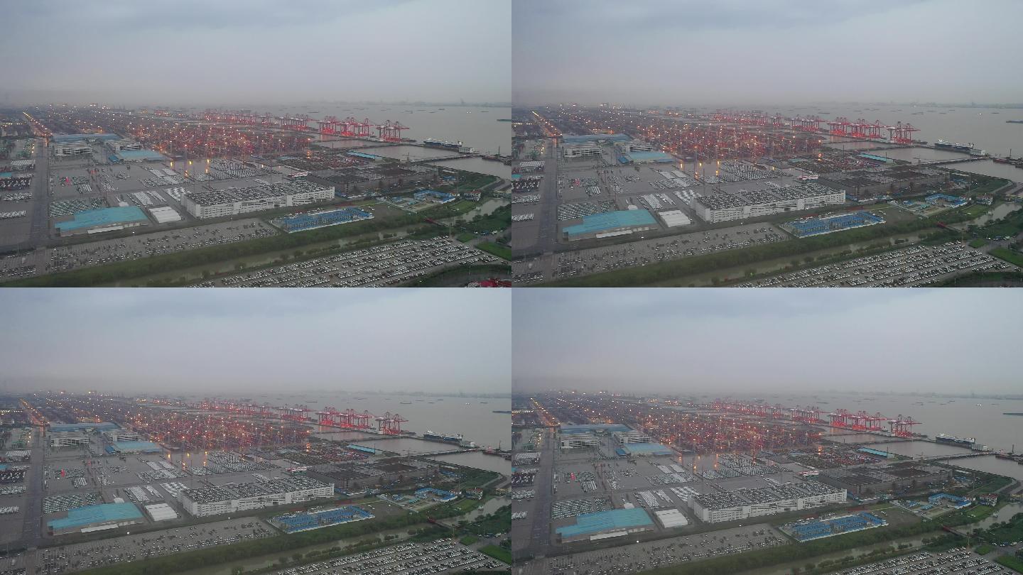4K原素材-航拍雨中上海自贸区外高桥港区