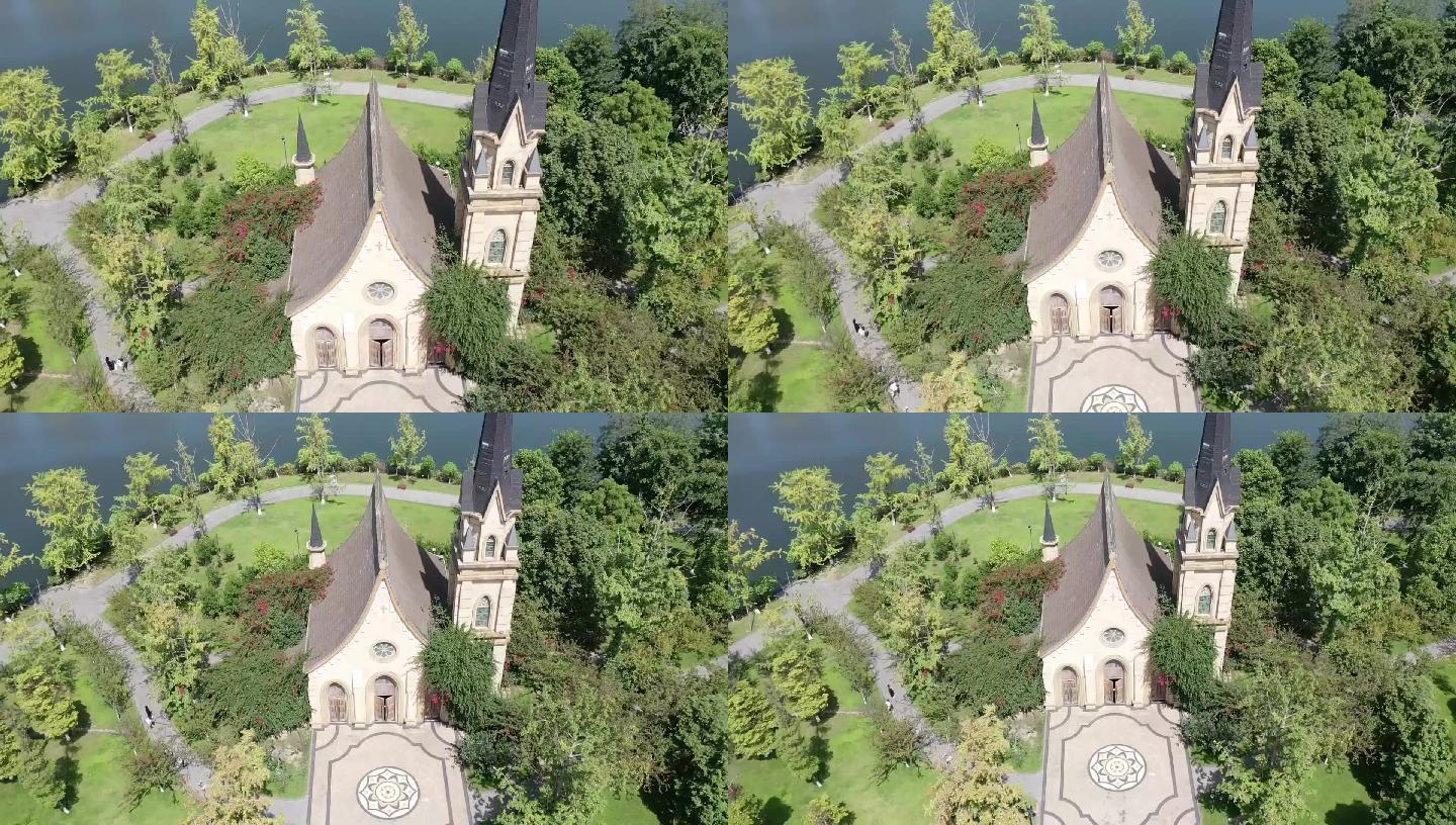 1080p航拍鸟瞰角度教堂后退镜头