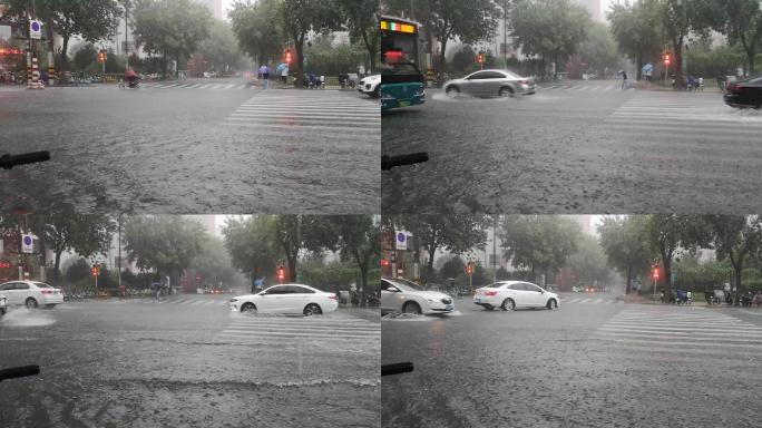 梅雨季节城市大暴雨大路淌水