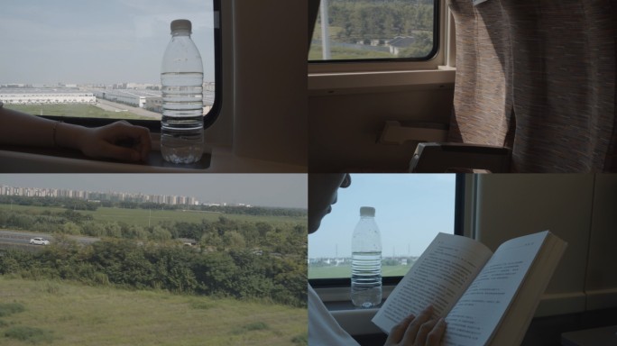4K文艺伤感读书、火车窗外沿途风景