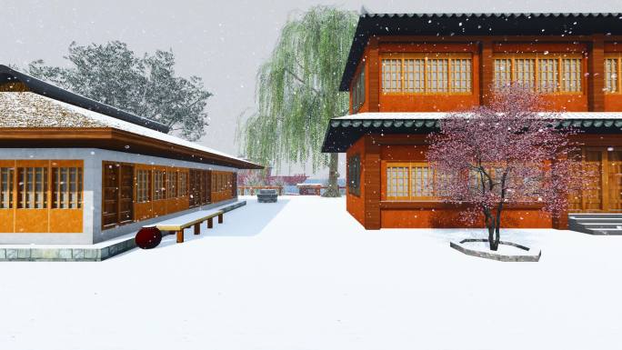 河边渔家民宅茅屋-冬季雪景