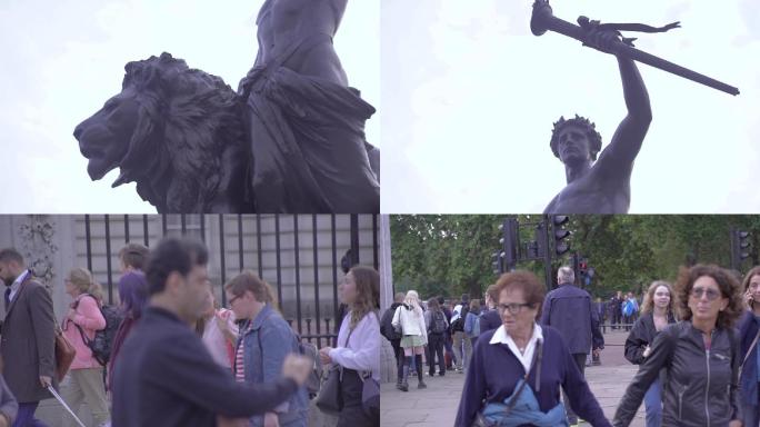 英国伦敦狮子雕塑人行走忙碌女神