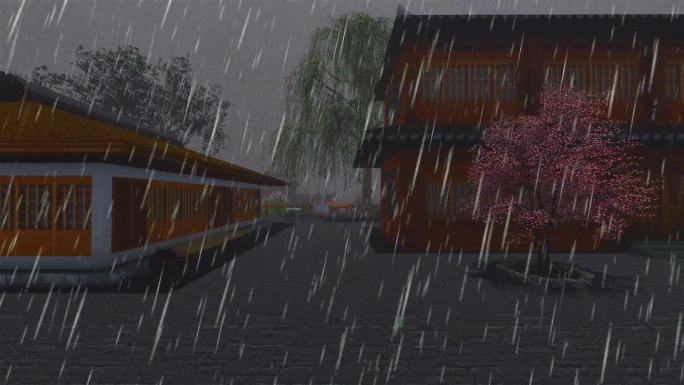 河边渔家民宅茅屋-电闪雷鸣下雨