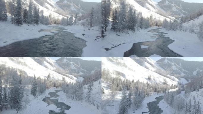 4k航拍原片冬季山谷河流雪景