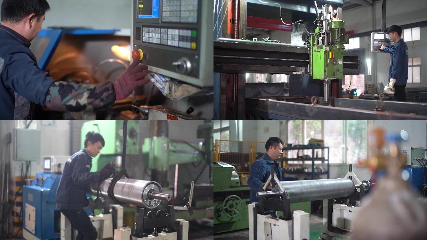 工厂生产车间、工人忙碌，机械化设备焊接