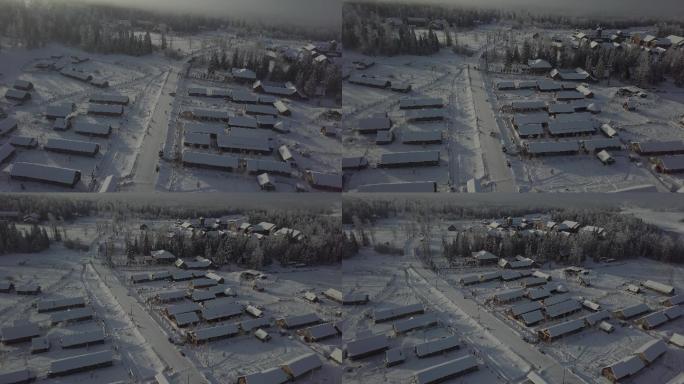 4k航拍原片冬季新疆喀纳斯小木屋雪景