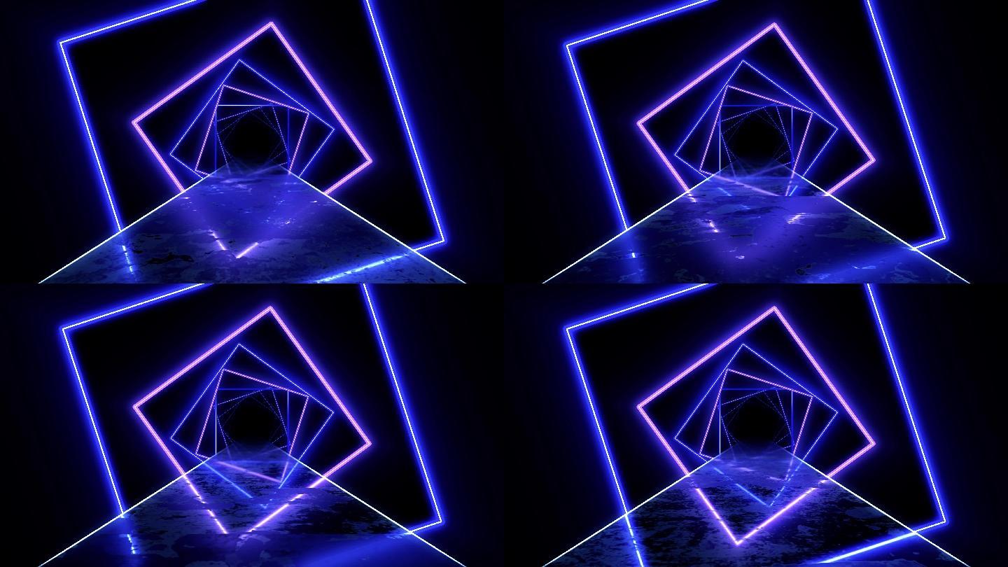 4K霓虹几何正方形线框路面前冲空间背景