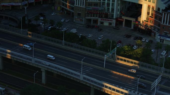 4K清晨阳光照在城市高架桥上