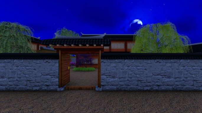 古代庭院建筑动画-夜景晚上