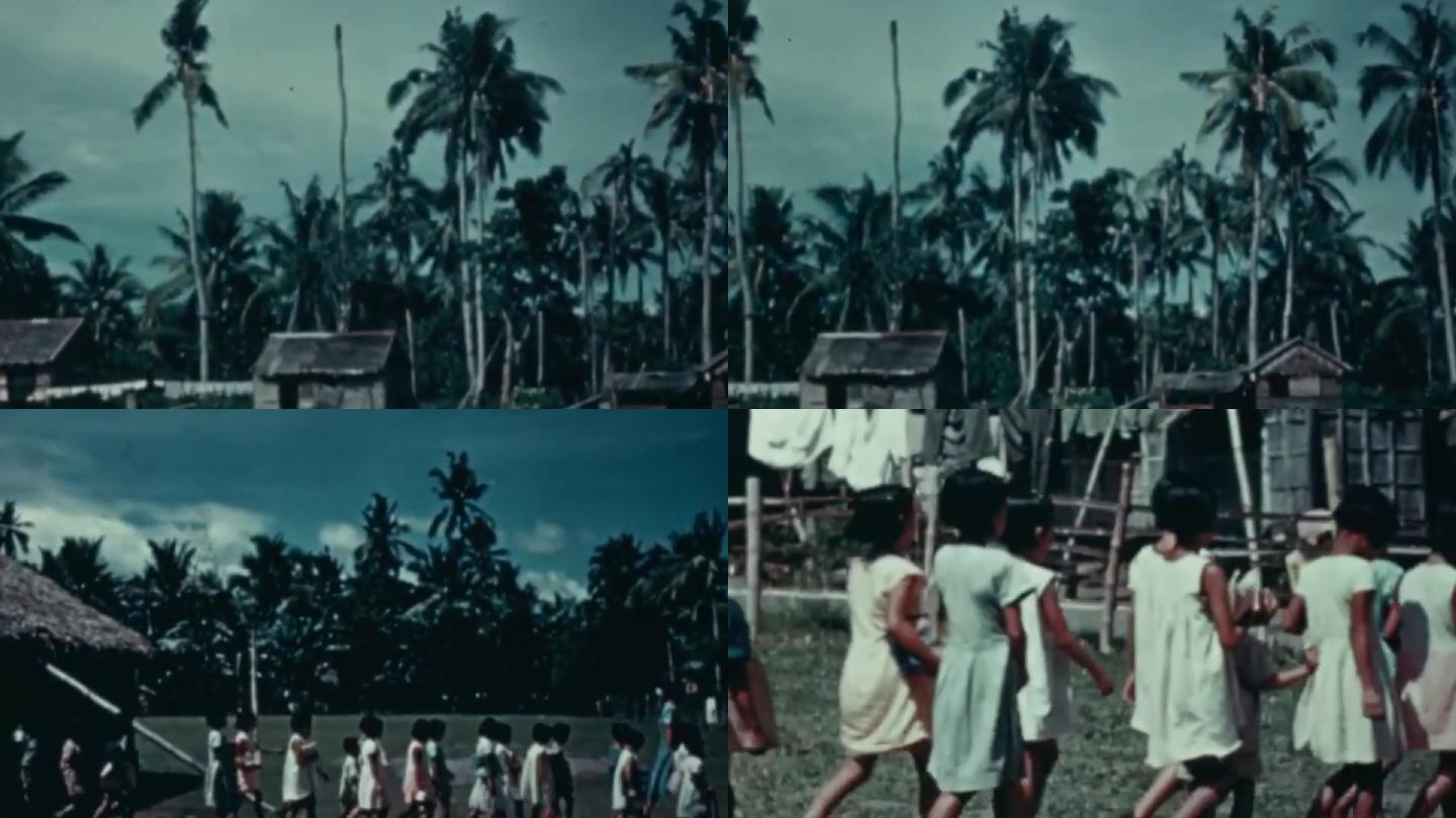 40年代海南岛椰子树小学生学校上课老师